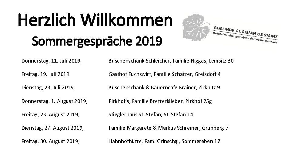 Herzlich Willkommen Sommergespräche 2019 Donnerstag, 11. Juli 2019, Buschenschank Schleicher, Familie Niggas, Lemsitz 30