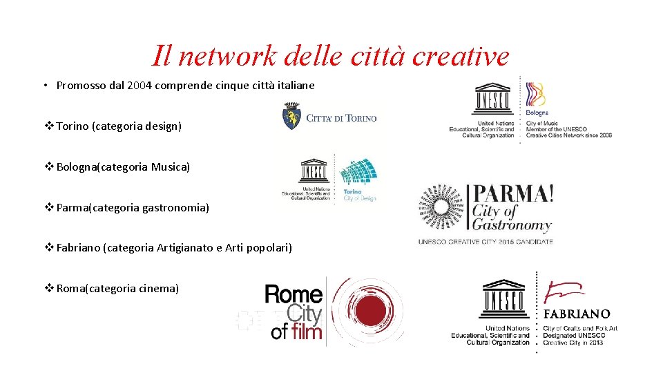 Il network delle città creative • Promosso dal 2004 comprende cinque città italiane v