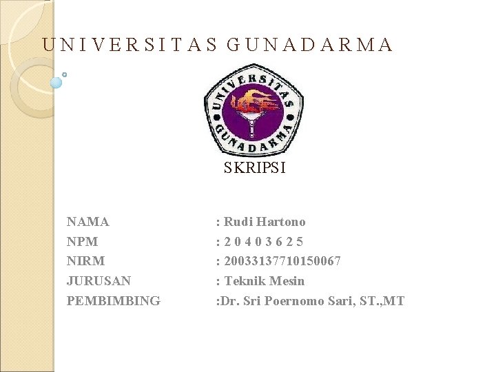 UNIVERSITAS GUNADARMA SKRIPSI NAMA NPM NIRM JURUSAN PEMBIMBING : Rudi Hartono : 20403625 :