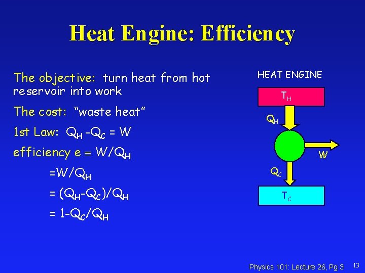 Heat Engine: Efficiency The objective: turn heat from hot reservoir into work The cost: