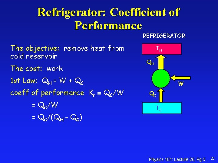 Refrigerator: Coefficient of Performance REFRIGERATOR The objective: remove heat from cold reservoir The cost: