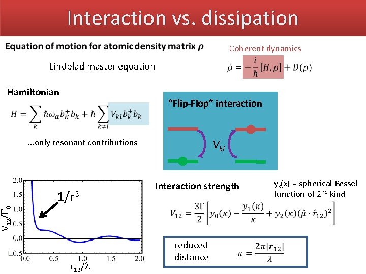 Interaction vs. dissipation Coherent dynamics Lindblad master equation Hamiltonian “Flip-Flop” interaction Vkl …only resonant