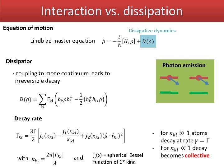 Interaction vs. dissipation Equation of motion Dissipative dynamics Lindblad master equation Dissipator Photon emission