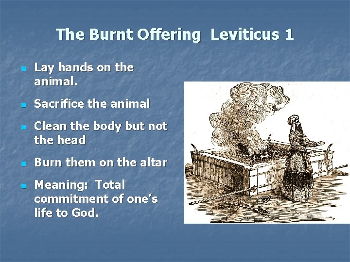 The Burnt Offering Leviticus 1 n n n Lay hands on the animal. Sacrifice The Burnt Offering Leviticus 1 n n n Lay hands on the animal. Sacrifice