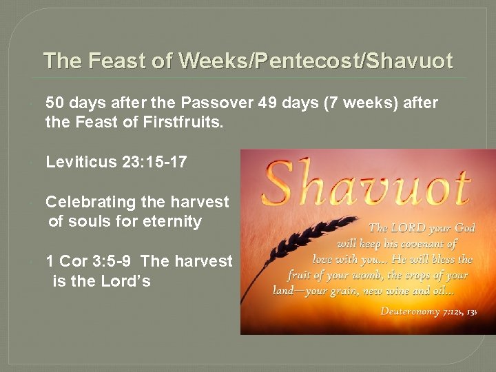 The Feast of Weeks/Pentecost/Shavuot 50 days after the Passover 49 days (7 weeks) after The Feast of Weeks/Pentecost/Shavuot 50 days after the Passover 49 days (7 weeks) after