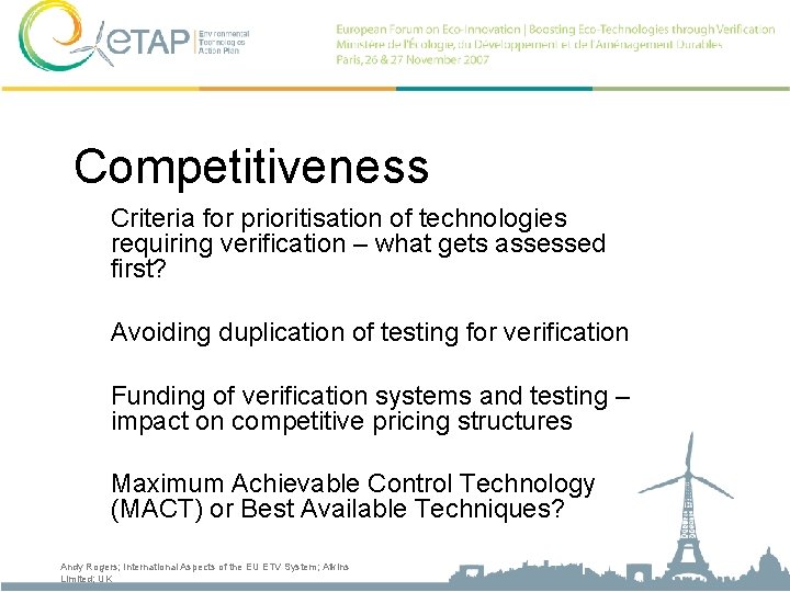 Competitiveness Criteria for prioritisation of technologies requiring verification – what gets assessed first? Avoiding