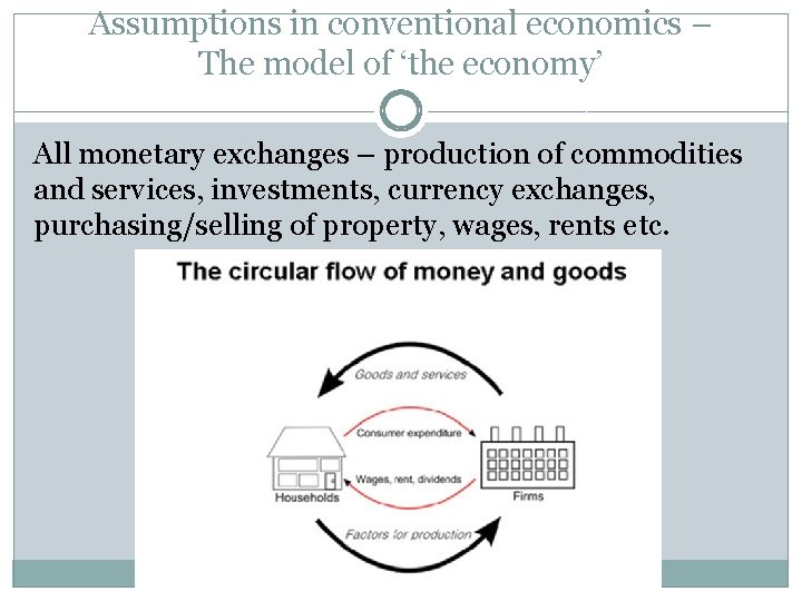 Assumptions in conventional economics – The model of ‘the economy’ All monetary exchanges –