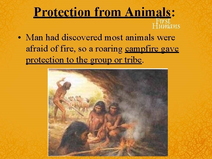 Protection from Animals: • Man had discovered most animals were afraid of fire, so