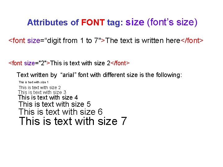 Attributes of FONT tag: size (font’s size) <font size=“digit from 1 to 7">The text Attributes of FONT tag: size (font’s size) <font size=“digit from 1 to 7">The text