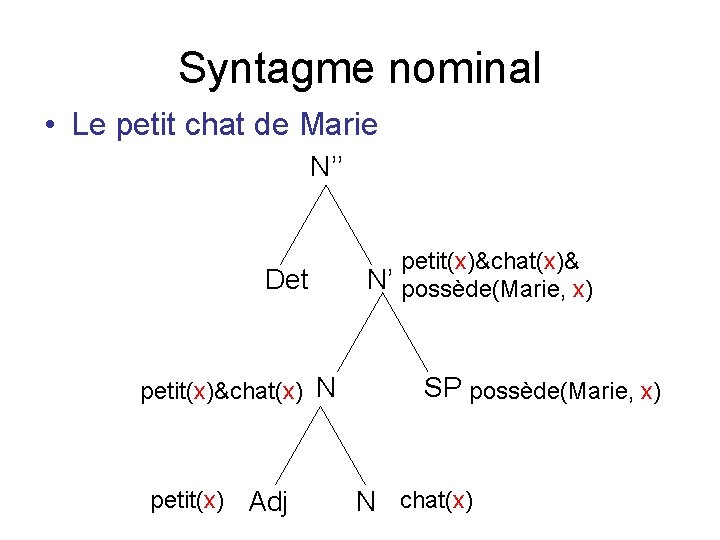 Syntagme nominal • Le petit chat de Marie N’’ Det petit(x)&chat(x) N petit(x) Adj