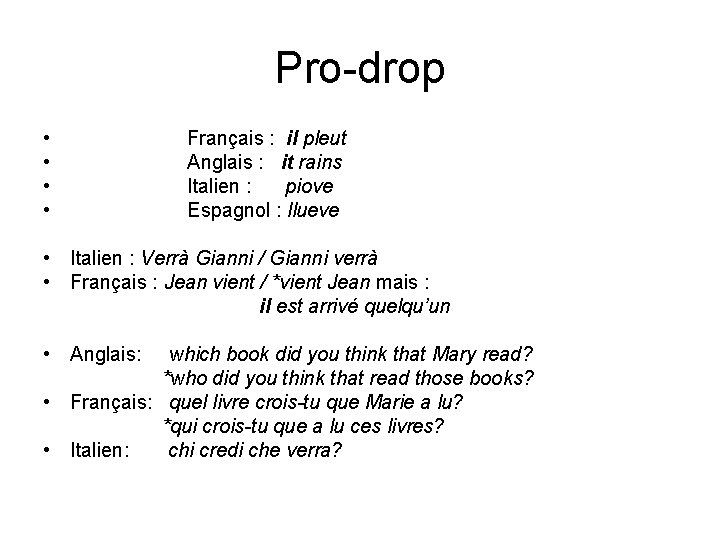 Pro-drop • • Français : il pleut Anglais : it rains Italien : piove
