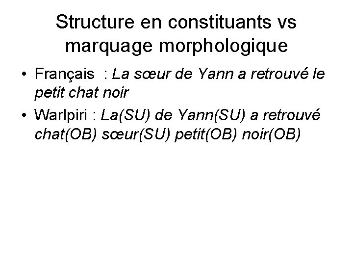 Structure en constituants vs marquage morphologique • Français : La sœur de Yann a