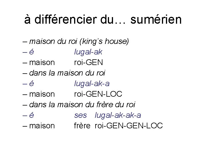 à différencier du… sumérien – maison du roi (king’s house) –é lugal-ak – maison