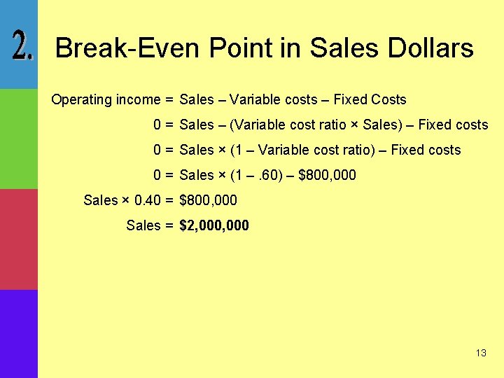 Break-Even Point in Sales Dollars Operating income = Sales – Variable costs – Fixed