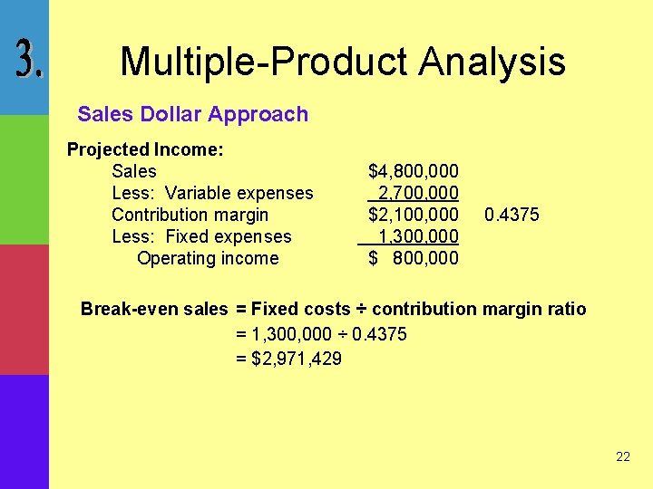 Multiple-Product Analysis Sales Dollar Approach Projected Income: Sales Less: Variable expenses Contribution margin Less: