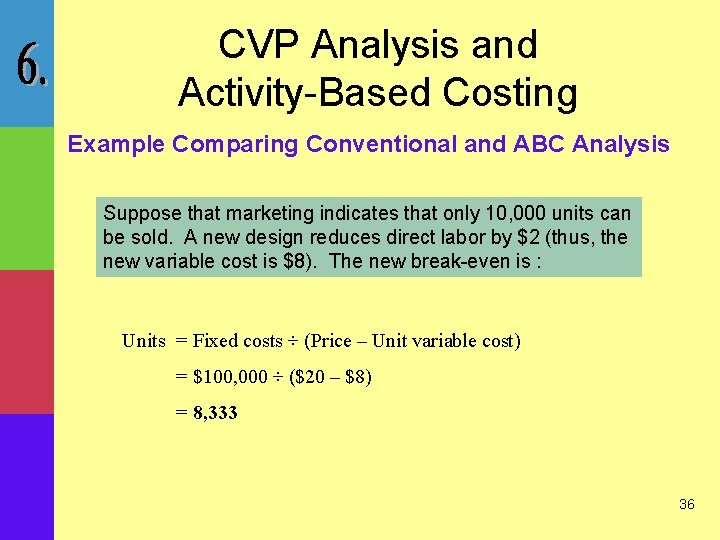 CVP Analysis and Activity-Based Costing Example Comparing Conventional and ABC Analysis Suppose that marketing