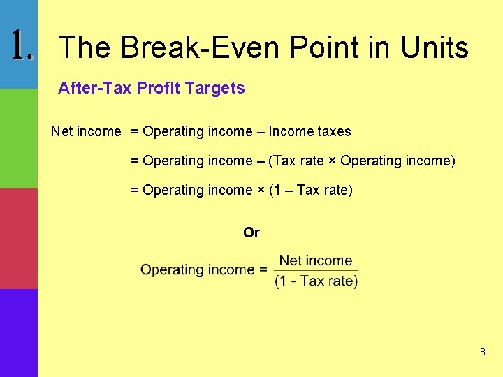 The Break-Even Point in Units After-Tax Profit Targets Net income = Operating income –