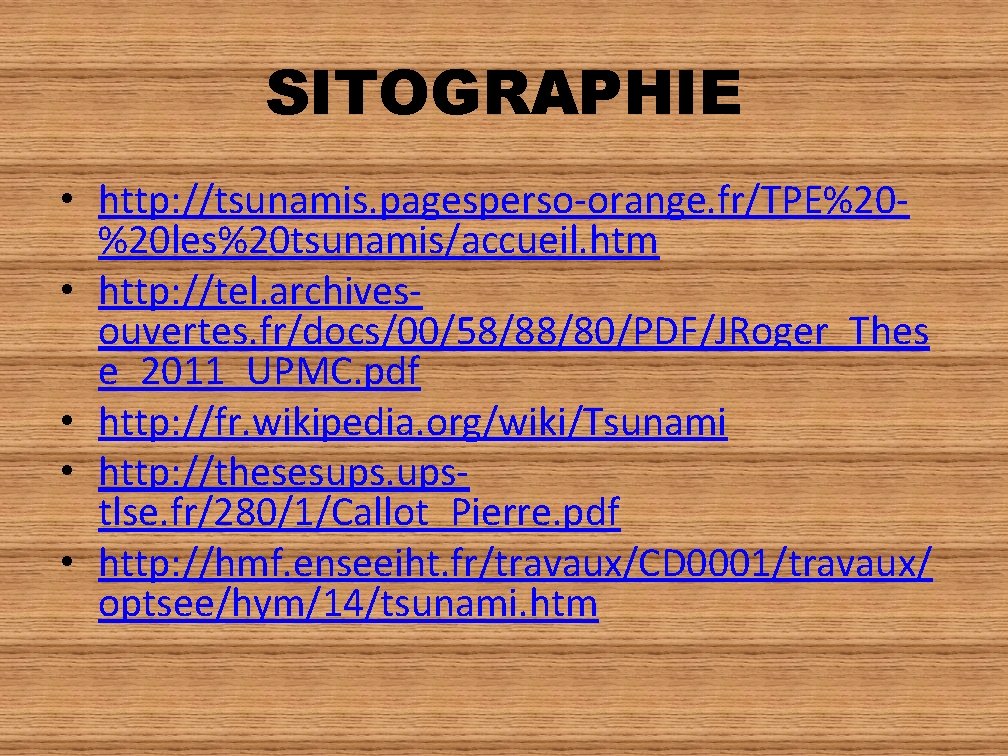 SITOGRAPHIE • http: //tsunamis. pagesperso-orange. fr/TPE%20%20 les%20 tsunamis/accueil. htm • http: //tel. archivesouvertes. fr/docs/00/58/88/80/PDF/JRoger_Thes