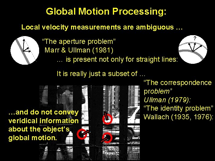 Global Motion Processing: Local velocity measurements are ambiguous … “The aperture problem” Marr &