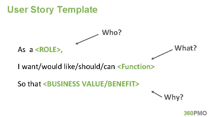 User Story Template Who? As a <ROLE>, What? I want/would like/should/can <Function> So that