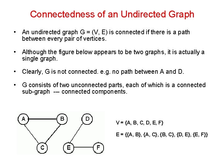 Connectedness of an Undirected Graph • An undirected graph G = (V, E) is