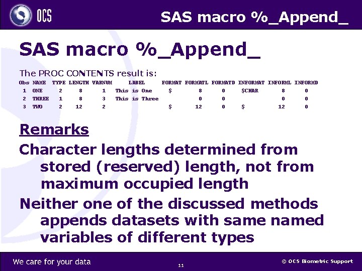 SAS macro %_Append_ The PROC CONTENTS result is: Obs 1 2 3 NAME TYPE