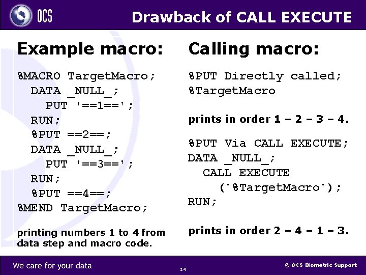 Drawback of CALL EXECUTE Example macro: Calling macro: %MACRO Target. Macro; DATA _NULL_; PUT