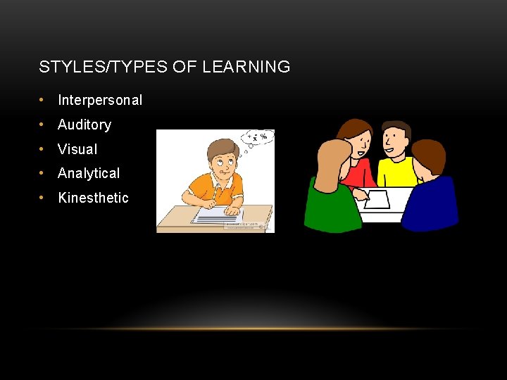 STYLES/TYPES OF LEARNING • Interpersonal • Auditory • Visual • Analytical • Kinesthetic 