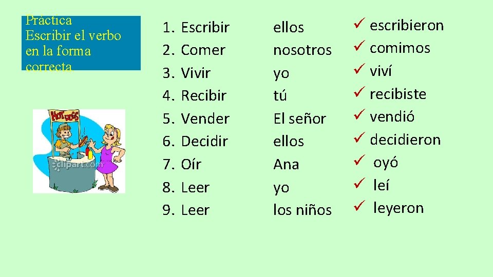 Práctica Escribir el verbo en la forma correcta. 1. 2. 3. 4. 5. 6. Práctica Escribir el verbo en la forma correcta. 1. 2. 3. 4. 5. 6.