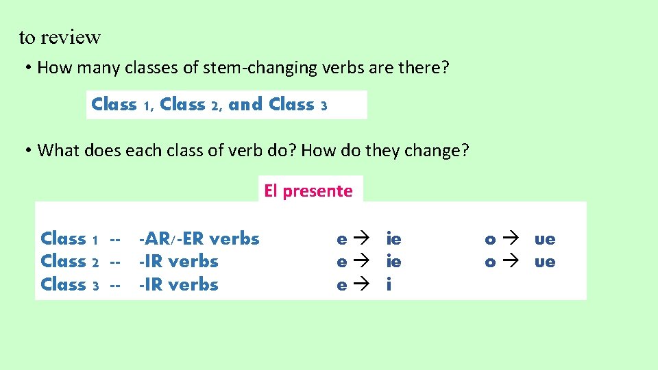to review • How many classes of stem-changing verbs are there? Class 1, Class to review • How many classes of stem-changing verbs are there? Class 1, Class