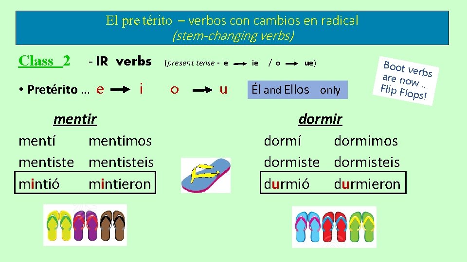 El pre térito – verbos con cambios en radical (stem-changing verbs) Class 2 - El pre térito – verbos con cambios en radical (stem-changing verbs) Class 2 -