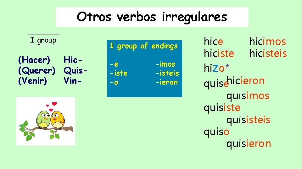 Otros verbos irregulares I group (Hacer) Hic(Querer) Quis(Venir) Vin- 1 group of endings -e Otros verbos irregulares I group (Hacer) Hic(Querer) Quis(Venir) Vin- 1 group of endings -e