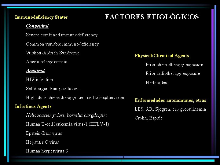 Immunodeficiency States FACTORES ETIOLÓGICOS Congenital Severe combined immunodeficiency Common variable immunodeficiency Wiskott-Aldrich Syndrome Ataxia-telangiectasia