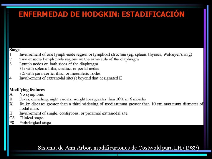 ENFERMEDAD DE HODGKIN: ESTADIFICACIÓN Sistema de Ann Arbor, modificaciones de Costwold para LH (1989)