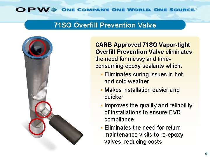 71 SO Overfill Prevention Valve CARB Approved 71 SO Vapor-tight Overfill Prevention Valve eliminates