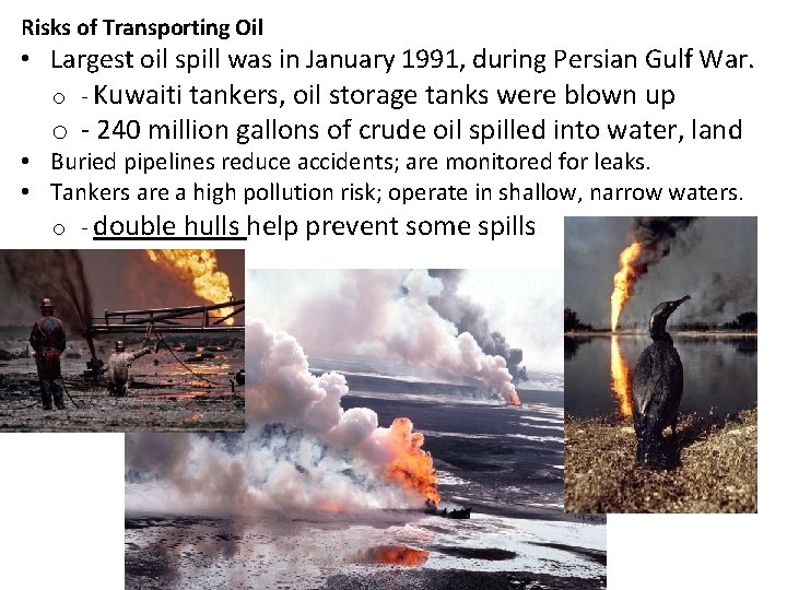 Risks of Transporting Oil • Largest oil spill was in January 1991, during Persian