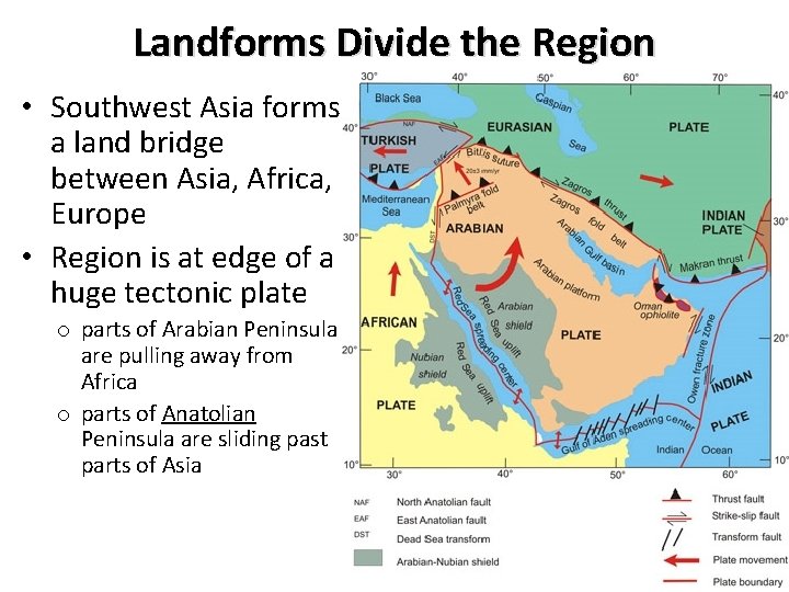 Landforms Divide the Region • Southwest Asia forms a land bridge between Asia, Africa,