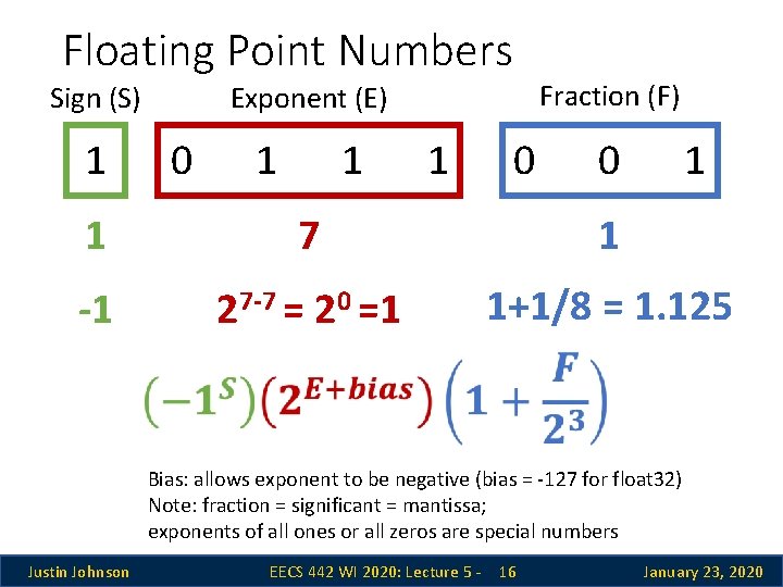 Floating Point Numbers Sign (S) 1 Exponent (E) 0 1 1 1 0 Fraction Floating Point Numbers Sign (S) 1 Exponent (E) 0 1 1 1 0 Fraction