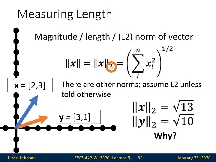 Measuring Length Magnitude / length / (L 2) norm of vector x = [2, Measuring Length Magnitude / length / (L 2) norm of vector x = [2,