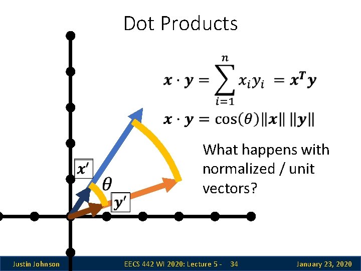 Dot Products Justin Johnson What happens with normalized / unit vectors? EECS 442 WI Dot Products Justin Johnson What happens with normalized / unit vectors? EECS 442 WI