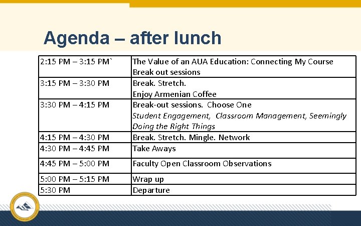 Agenda – after lunch 2: 15 PM – 3: 15 PM` 4: 15 PM