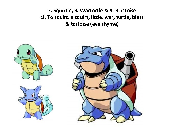 7. Squirtle, 8. Wartortle & 9. Blastoise cf. To squirt, a squirt, little, war,