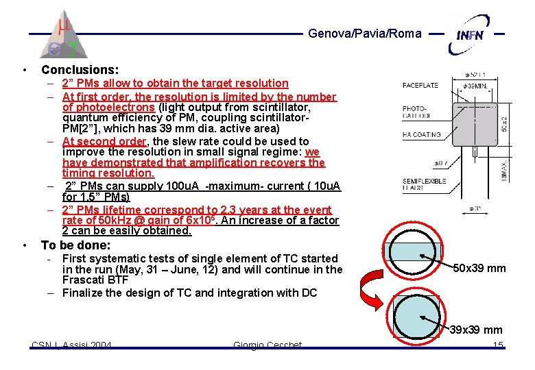 Genova/Pavia/Roma • Conclusions: – 2” PMs allow to obtain the target resolution – At