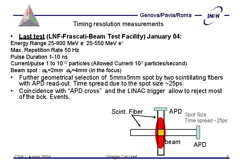 Genova/Pavia/Roma Timing resolution measurements • Last test (LNF-Frascati-Beam Test Facility) January 04: Energy Range