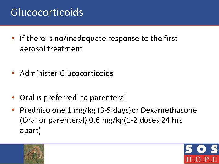 Glucocorticoids • If there is no/inadequate response to the first aerosol treatment • Administer