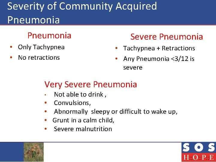  Severity of Community Acquired Pneumonia Severe Pneumonia • Only Tachypnea • No retractions