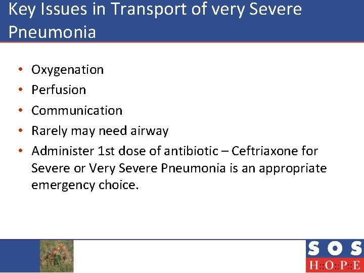  Key Issues in Transport of very Severe Pneumonia • • • Oxygenation Perfusion