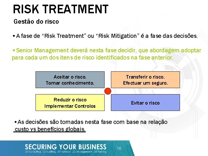 RISK TREATMENT Gestão do risco • A fase de “Risk Treatment” ou “Risk Mitigation”