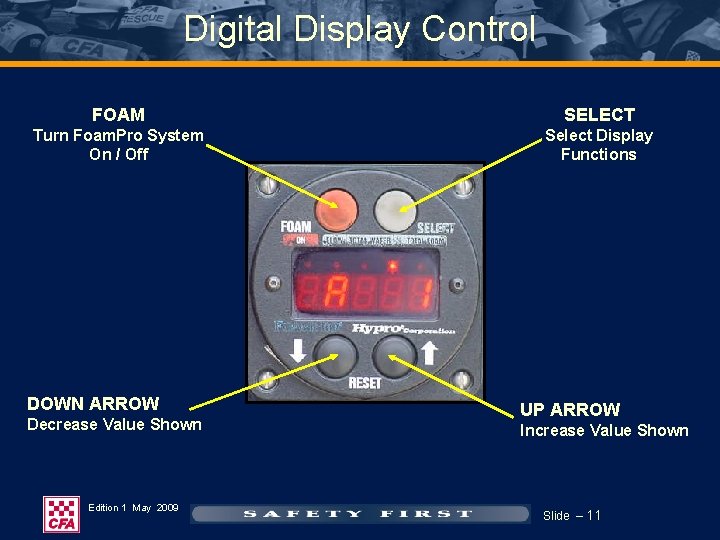 Digital Display Control FOAM SELECT Turn Foam. Pro System On / Off Select Display Digital Display Control FOAM SELECT Turn Foam. Pro System On / Off Select Display