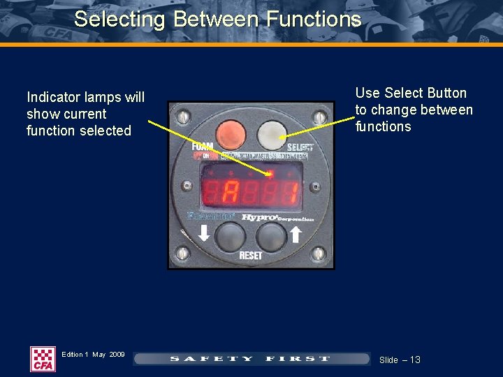 Selecting Between Functions Indicator lamps will show current function selected Edition 1 May 2009 Selecting Between Functions Indicator lamps will show current function selected Edition 1 May 2009